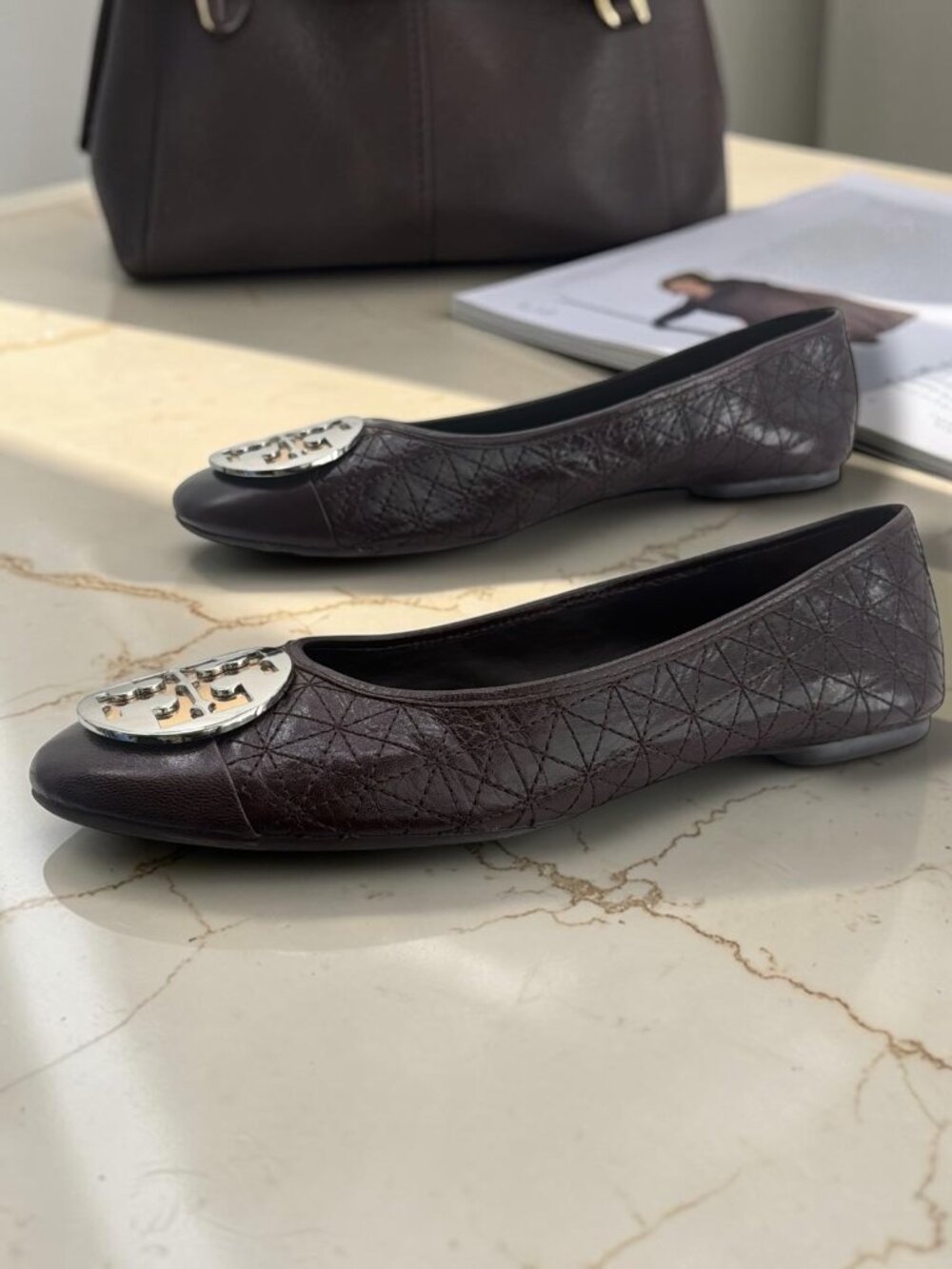 Tory Burch Maroon Quilted Leather Silver & Gold Medallion Driving Flats 9 - Picture 6 of 6